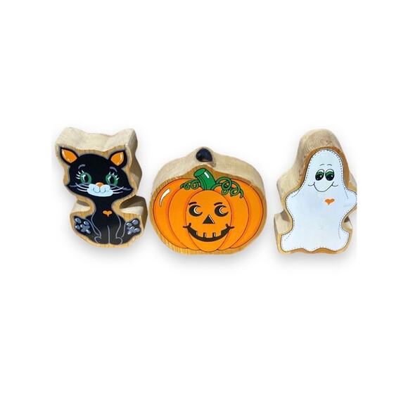 VNTG Halloween Decor Wood Block Figurines 3
Pc Black Cat Ghost Jack O Lantern - Picture 4 of 8